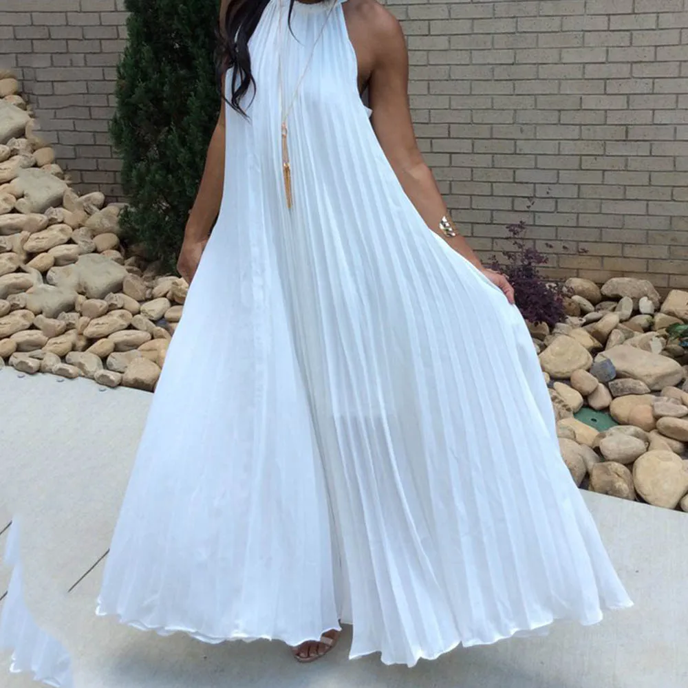 Плиссированное синее платье макси 2019 летние женские пляжные платья без рукавов с
