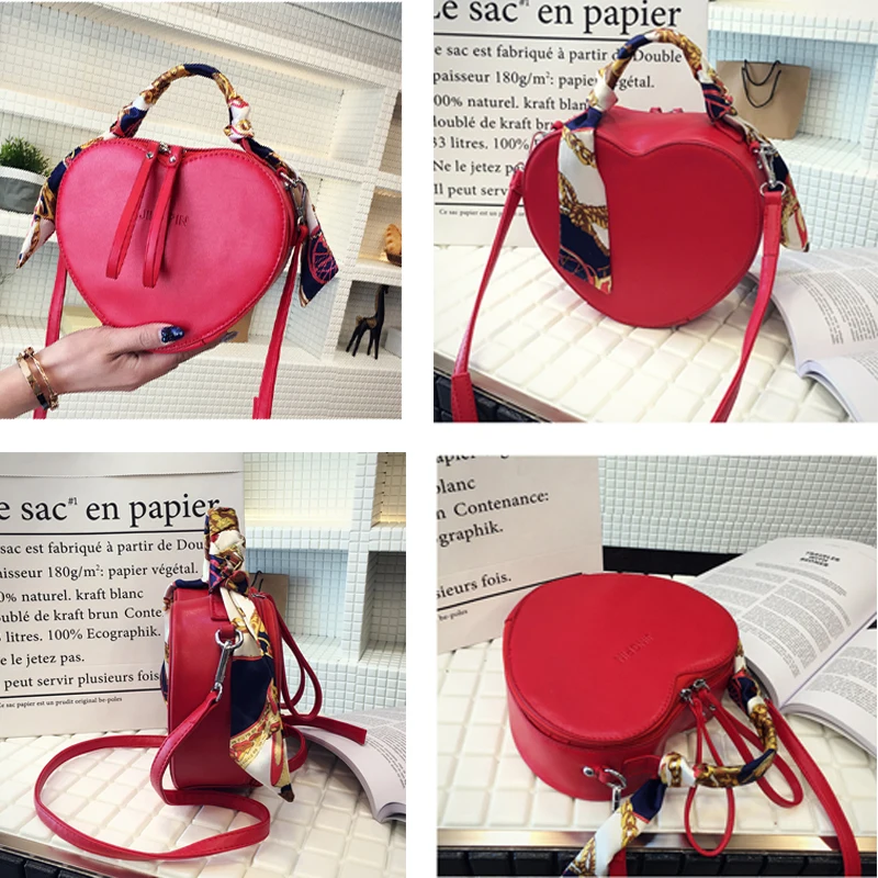 Красная кожаная женская сумка мессенджер хит продаж одноцветная в форме сердца