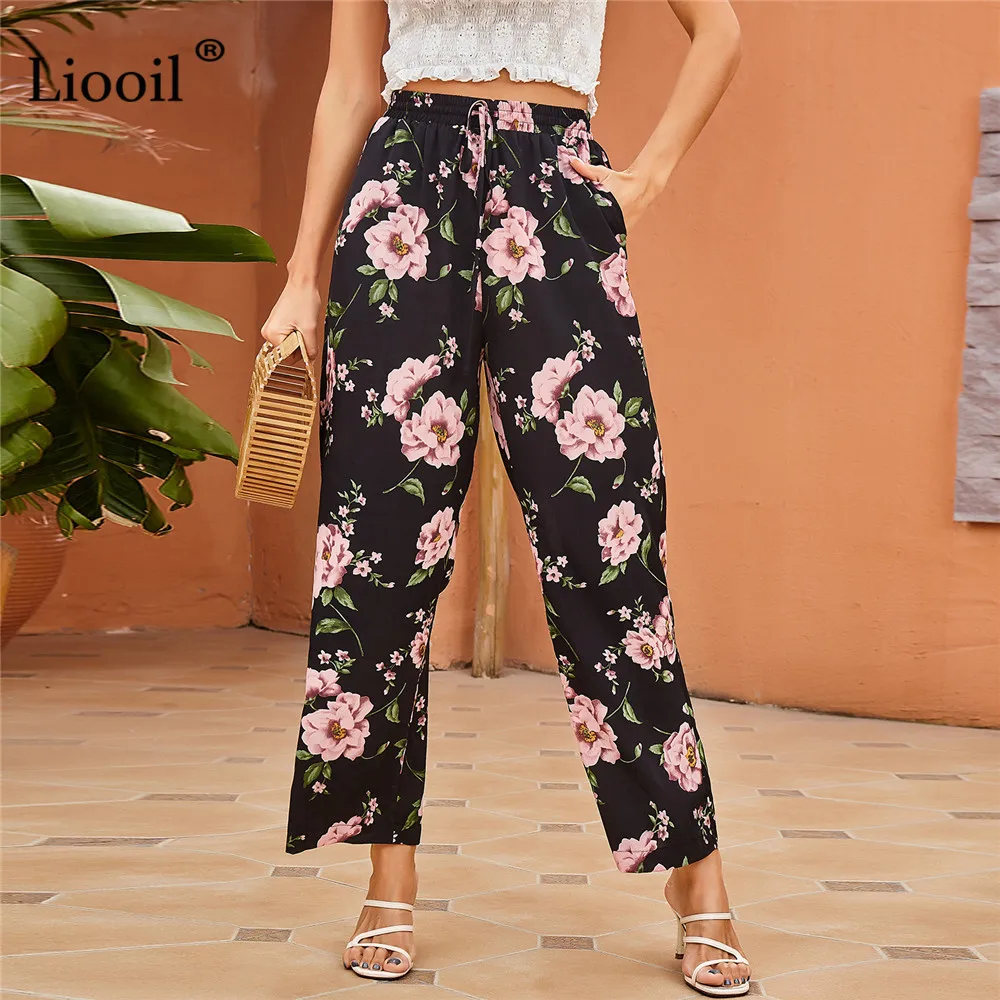 

Liooil Baggy Floral Printed Pants Women High Waist Straight Leg Trousers With Pocket Summer 2021 Casual Loose Drawstring Pants