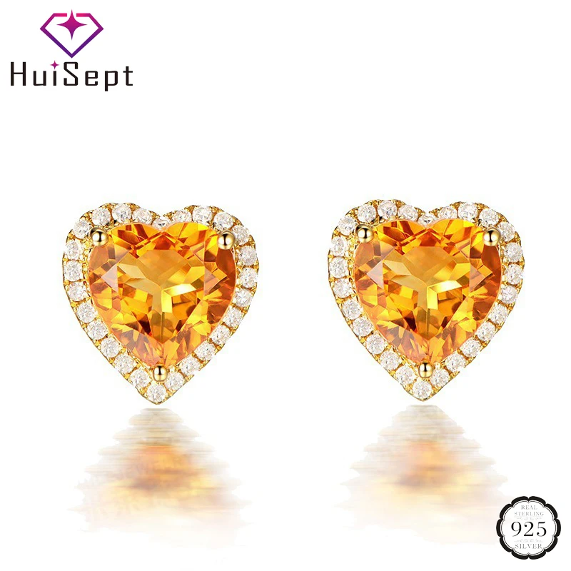 

HuiSept Trendy 925 Silver Jewelry Stud Earrings for Female Heart-shape Citrine Zircon Gemstones Earrings Wedding Party Wholesale