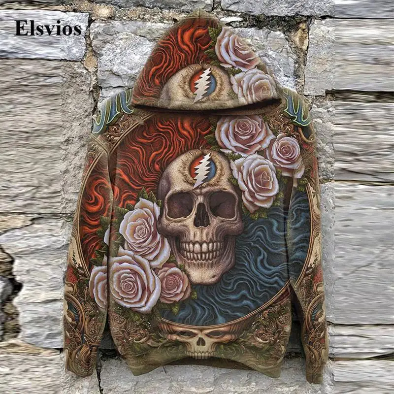 

2021 Vintage Rose Skull Printed Men Hooded Sweatshirt Fashion Autumn Hoodies For Male Casual Long Sleeve Harajuku Tops Pullover
