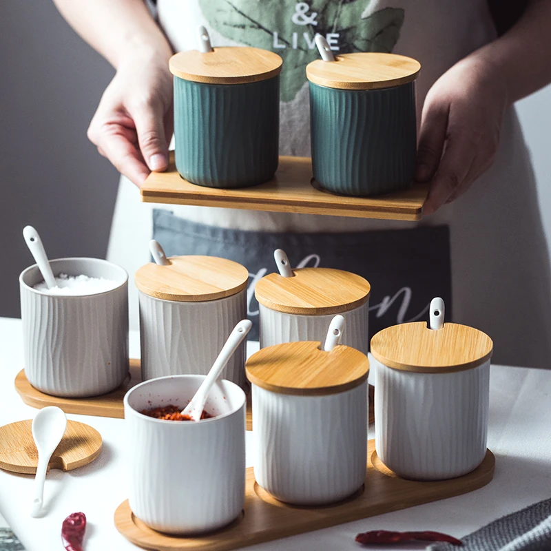 Классический керамический горшок для специй с рисунком дерева и ложкой крышкой