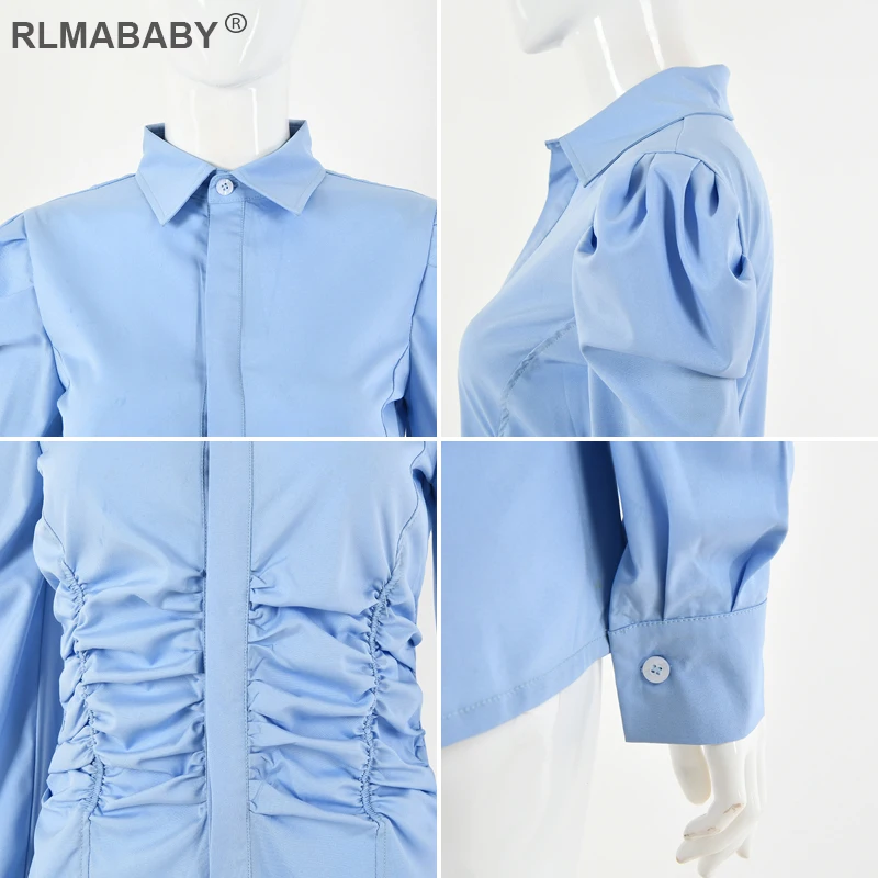 

Spring Autumn Women Blue Ruched Blouse Shirt Fashion Turn-Down Collar Puff Sleeve Button Sexy Tops Elegant Office Lady Blouse
