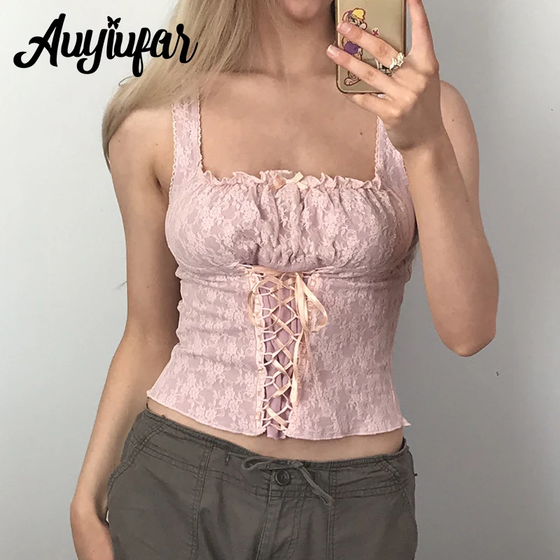 

Auyiufar Solid Lace Bandage Grunge Fairycore Vest Y2k Bow Sexy Aesthetic Elfcore Bodycon Ruch Milkmaid Women ClothingTops Women