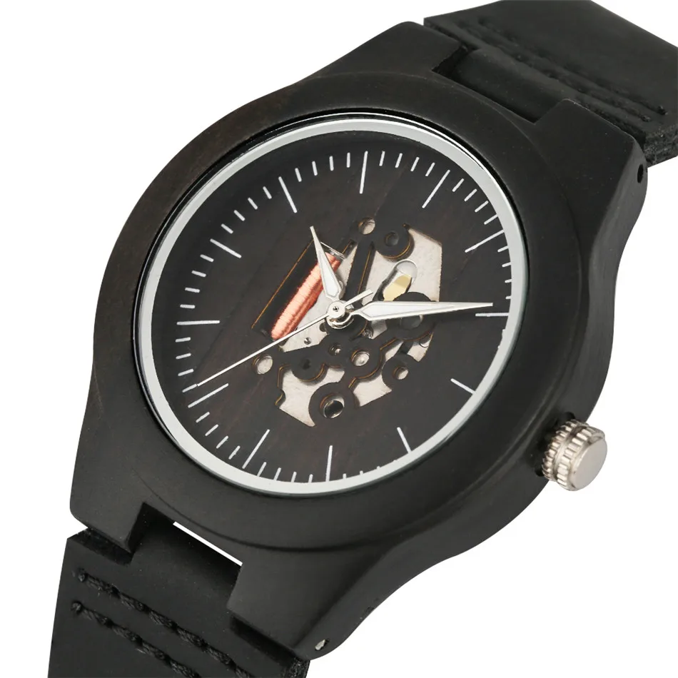 

REDFIRE Ebony Wood Ladies Watches Creative Engraving Hollow Display Dial Trendy Black Genuine Leather Women's Watches New 2020