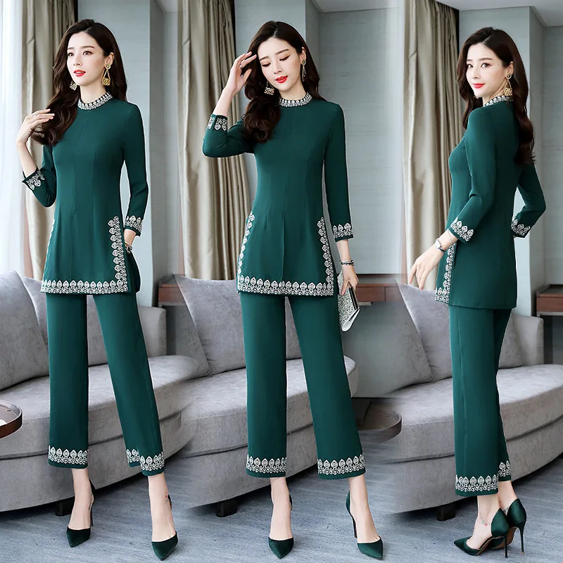 

Vintage Luxury Boho Ethical Clothing Embroidered Blouse Top and Pencil Pants Womens Sets 2 Two Piece Spring Fall Clothes Female