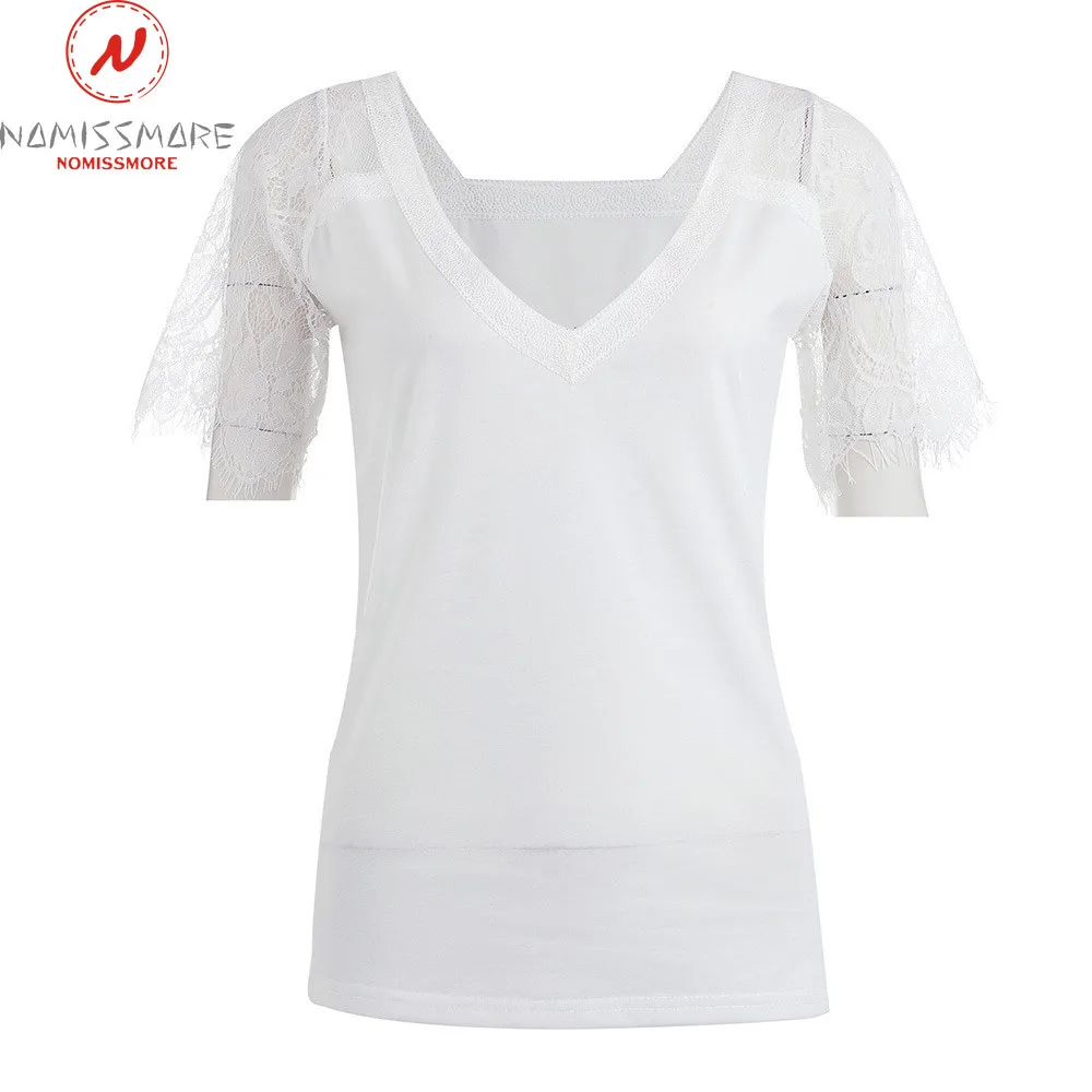 Женские кружевные футболки летние однотонные с v-образным вырезом и коротким