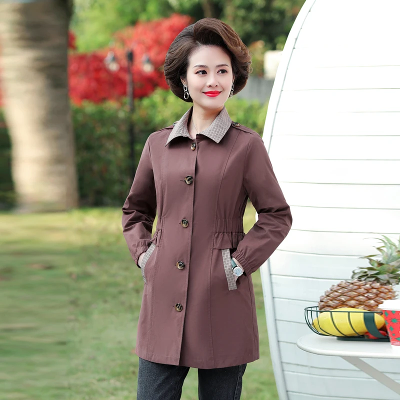 Тренч для зрелых женщин цвета хаки красный кофейный клетчатый узор отложной