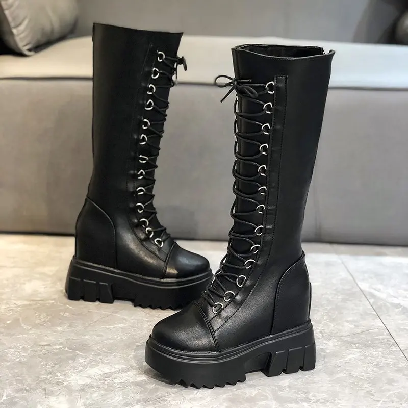 

Height Increasing PU Leather Shoes Dropshipping Chunky Platform Winter Thick Bottom Punk Boots Woman Knee High Boots Women