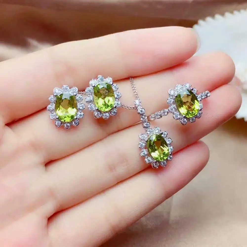 

SHILOVEM 925 silver sterling peridot earrings pendants rings send necklace classic Fine women gift plant party new mtz0608222agg
