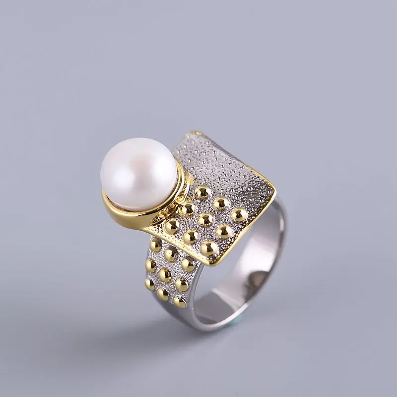 

FNJ 10mm Natural Freshwater Pearl Ring 925 Silver Adjustable 100% Original Real S925 Solid Silver Rings for Women Jewelry Fine