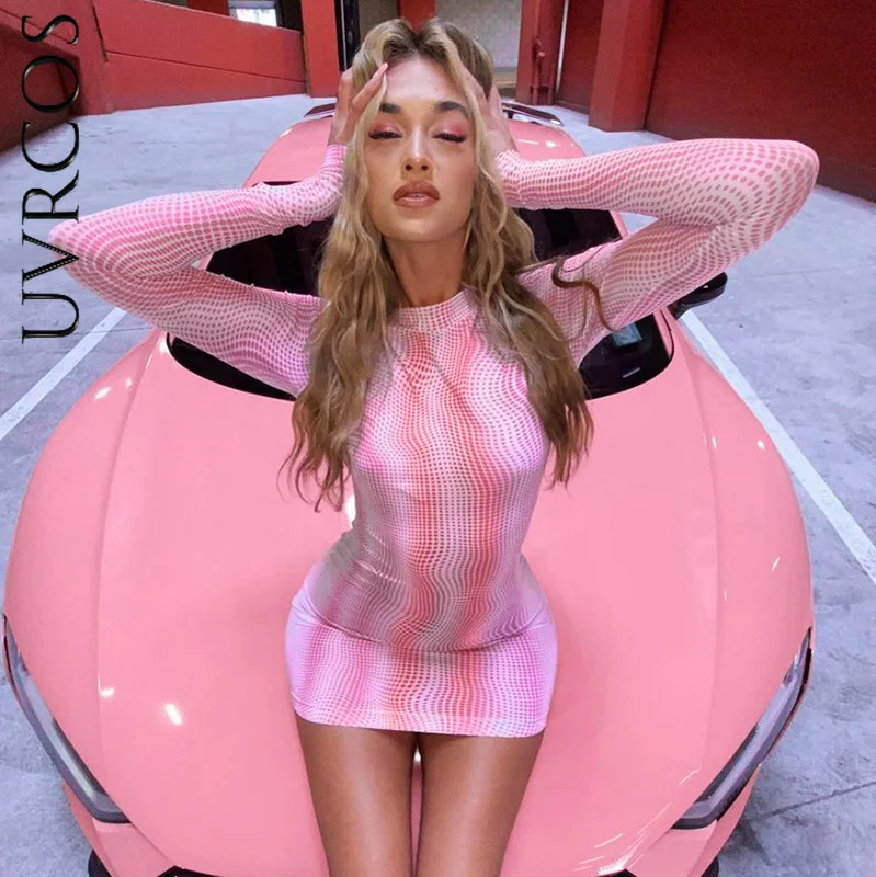

Women Long Sleeve Dress Irregular Printed Pattern Round Collar Bodycon Slim Mini Hip Dress for 2021 Spring Autumn New Dresses