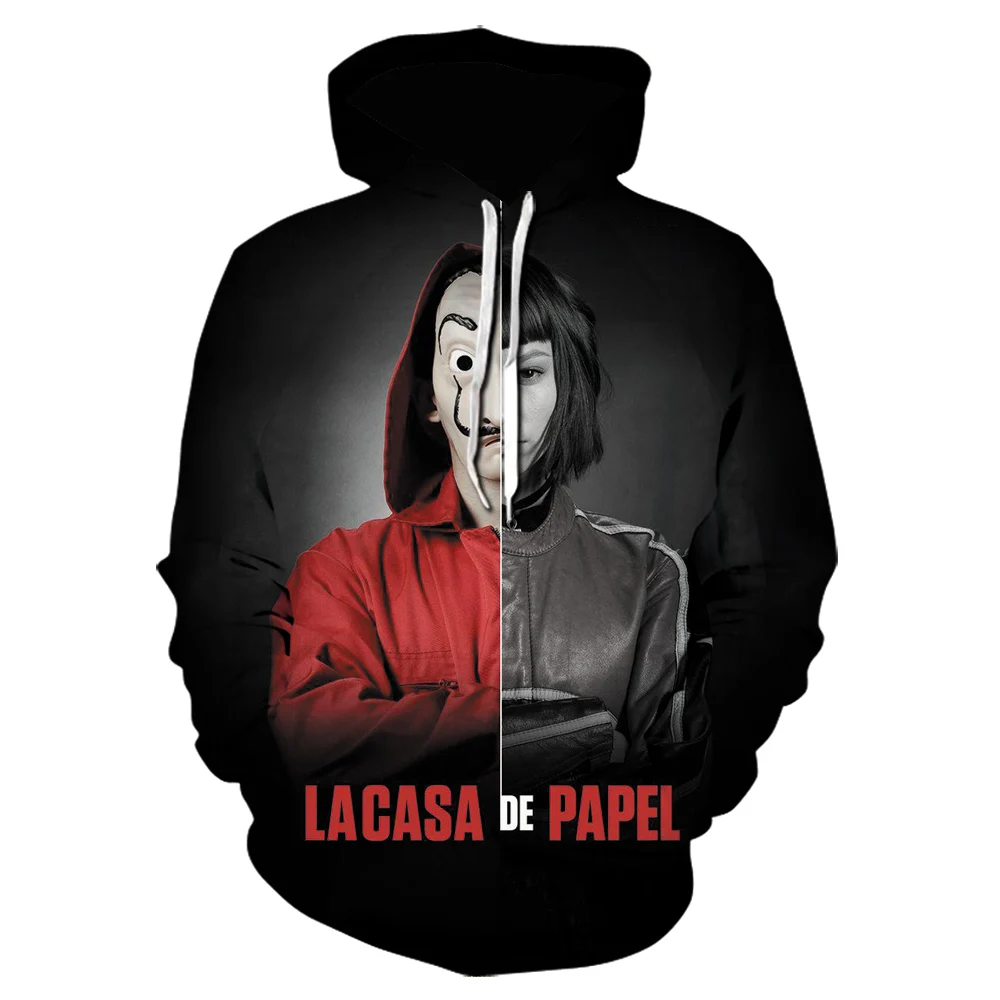 

Новинка, толстовки унисекс La Casa De Papel, пуловеры с 3D Аниме принтом, осенне-зимние куртки, Модные свитшоты, забавная Черная Толстовка