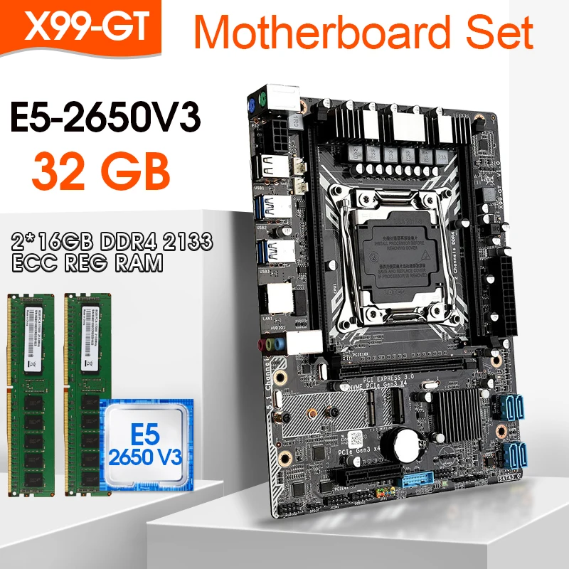 X99 GT Motherboard Set E5 2650 V3 LGA2011-3 CPU 2 *16GB =32G 2133MHz DDR4 ECC REG Memory,M.2 WIFI,NVME M.2 slot