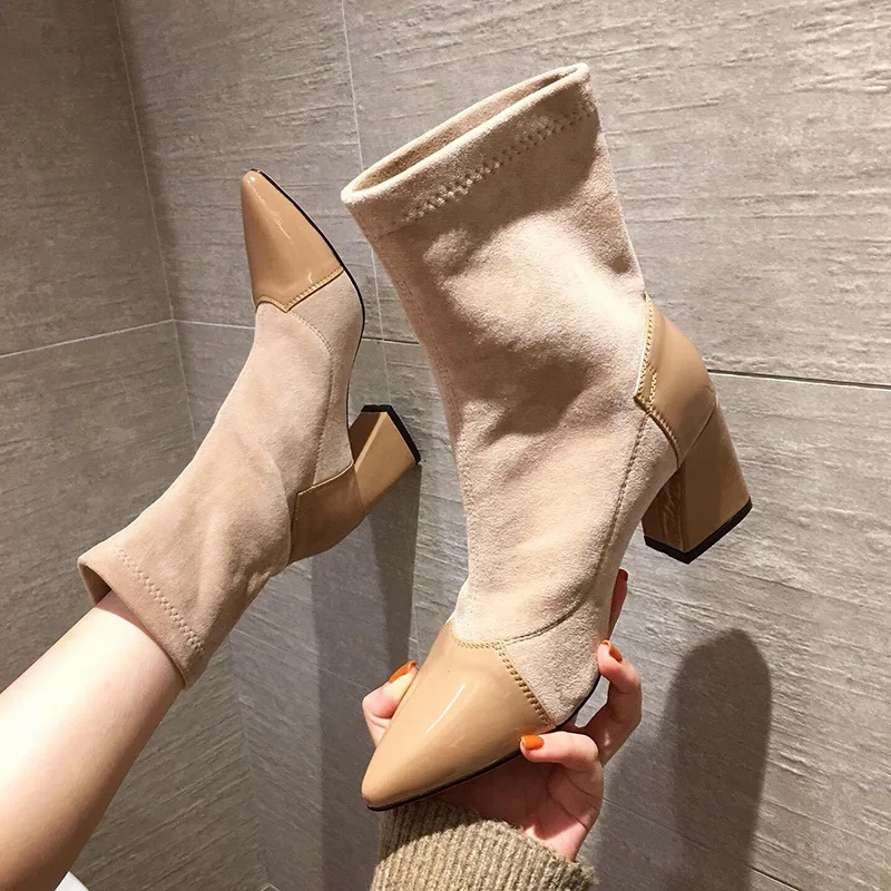 Goedkoop 2019 Herfst Winter Nieuwe Breien Stretch Laarzen Sok Laarzen Hot Verkoop Enkel Korte Laarzen Puntige Teen Lage Dikke Hakken Slip Op Botas
