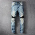 Джинсы мужские в стиле ретро, модные рваные Брюки Slim Fit в стиле панк, дизайнерские байкерские брюки составного кроя в стиле хип-хоп, синие, уличная одежда