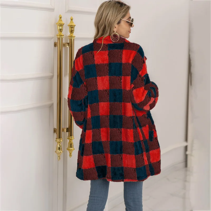 

Women Coats 2021 Original Design New Autumn Winter Casual Full Sleeve Plaid Patchwork Office Lady Mid-length Loose Jackets