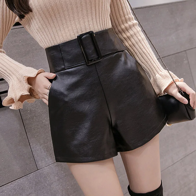 Высокая талия ПУ шорты из искусственной кожи женские уличная осень зима широкие