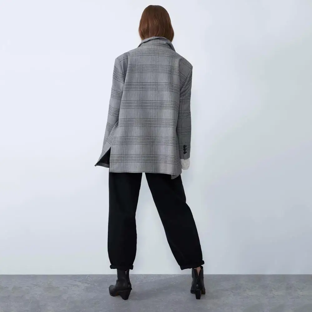 2019 ZA Winter Jacket Women Loose Plaid Blazer Coat Fashion Casual Long Sleeve Turn Down Collar Single Breasted Suit Jackets | Женская