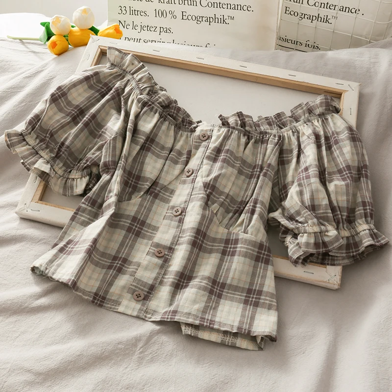 

Блузка женская клетчатая с открытыми плечами, пикантный хлопковый топ в японском стиле, с пуговицами спереди, в стиле девушки из леса, лето ...