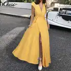 Женское богемное длинное платье Celmia, сарафан с цветочным принтом и разрезом, с V-образным вырезом и коротким рукавом, Бандажное, лето 2021