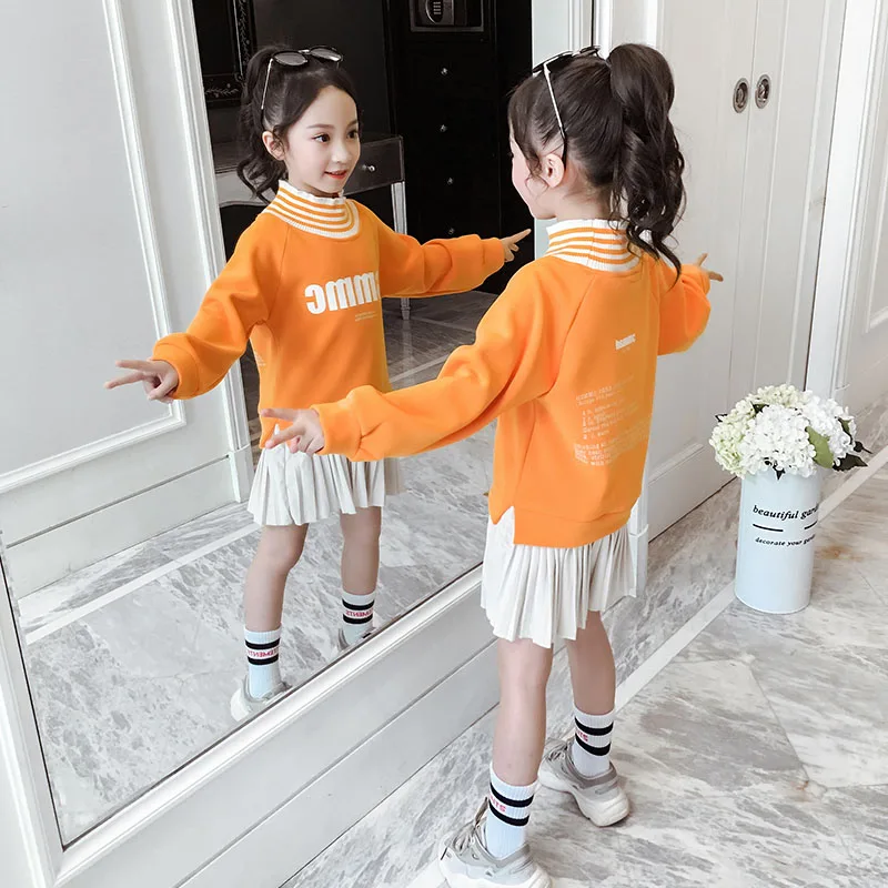 Детская зимняя одежда; Roupa Infantil Menina; свитер для девочек; платье с флисовой подкладкой; теплое платье-рубашка с эластичным воротником в рубчик; плиссированная нижняя часть