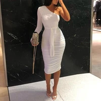 summer women sexy daily wear slim fit party elegant midi dress one shoulder ruched tie front bodycon dress