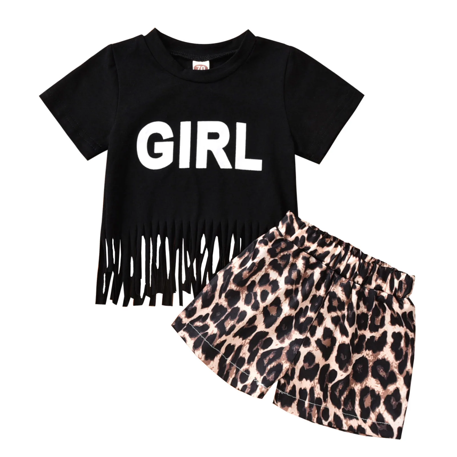 

0-5Y Summer Fashion Kids Girls Clothes Sets 2pcs Letter Short Sleeve Tassel T Shirts Leopard Shorts