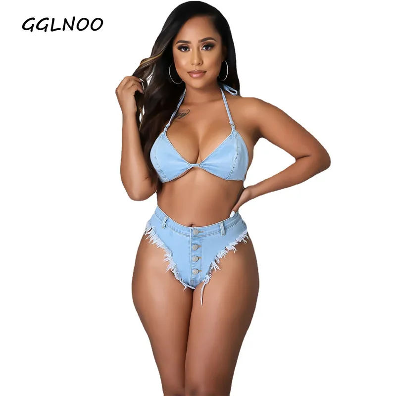 

GGLNOO Sexy Denim Two Piece Bikinis Set Halter Crop Top Tassel Shorts for Women Summer Beachwear Swimsuit Club Matching Sets