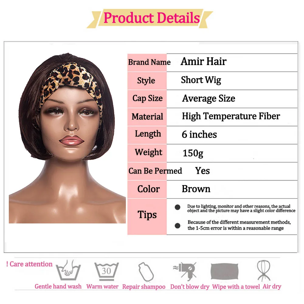 

Short Straight Bob Headband Wig Synthetic Hair Wigs For Women Wrap Wig Turban Afro Brown Hair Wigs