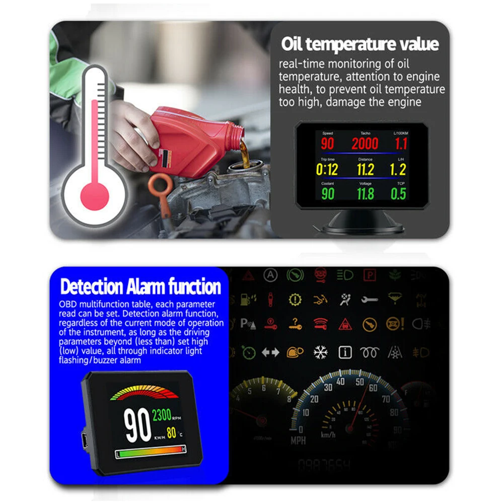 

P16 Clock Accurate Odometer Head Up Display Smart Digital Meter OBD2 Water Temperature Multifunctional With Holder Speed Alarm