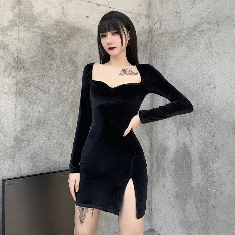 

Dark Black Wind Bag Buttocks Girl's Small Black Skirt Slim Split Dress Autumn And Winter Suede Chest Dress Cyberpunk Clothing