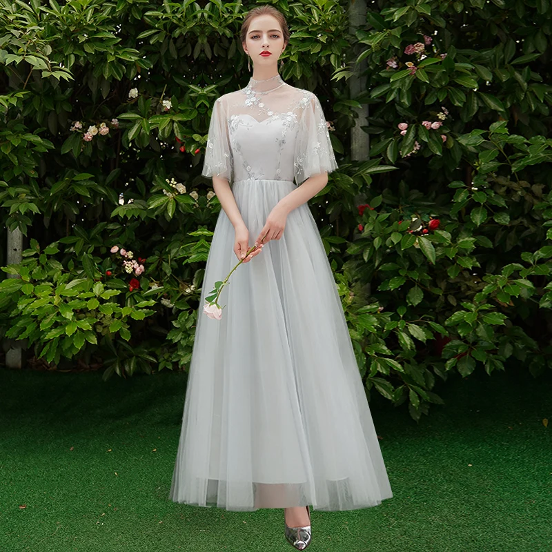 SSYfashion элегантное серое длинное платье подружки невесты с аппликацией вечерние