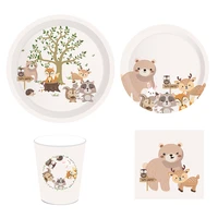 44pcs disposable tableware animal cartoon paper plates cups jungle 1 first birthday decor baby shower kids favor party supplies