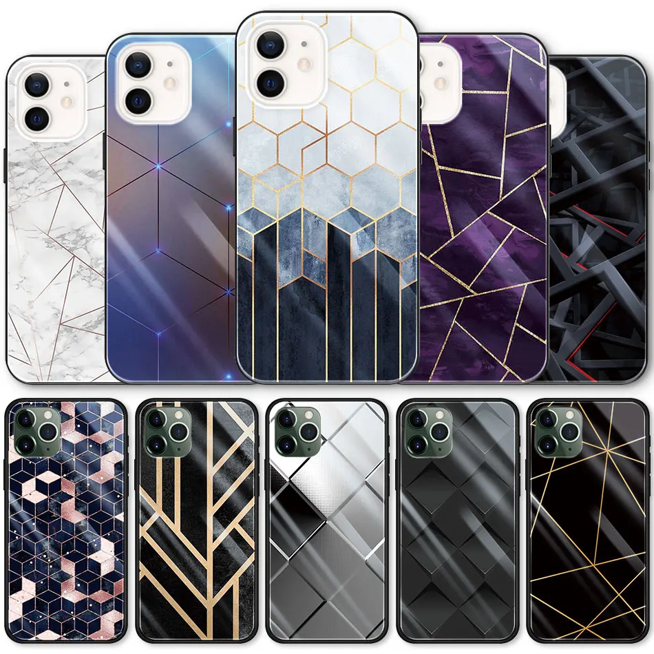 

Tempered Glass Case for iphone 11 12 13 Pro Max 7 X XR 12Mini XS Max 13Mini 6 8 SE Phone Cover Shell Marble Geometric Figure