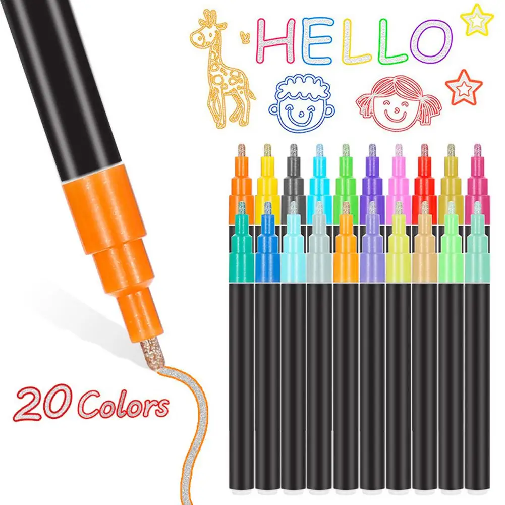 

Double Line Markers Colorful Shimmer Outline Marker Set Complete Metallic Marker Pens Two-line Marker Pens 20 Colors Double