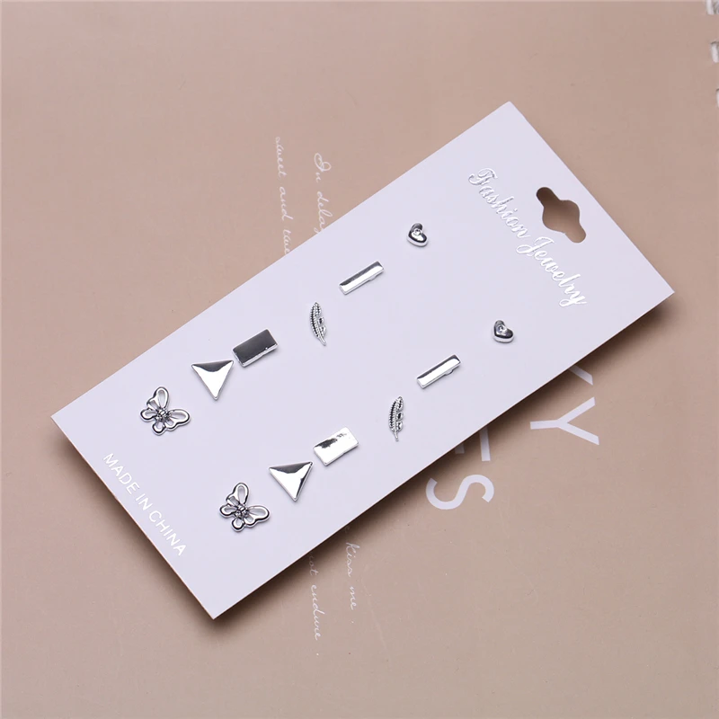 Женские серьги-гвоздики CARTER LISA 6 пар/уп. с перьями и бабочкой серьги в виде сердца