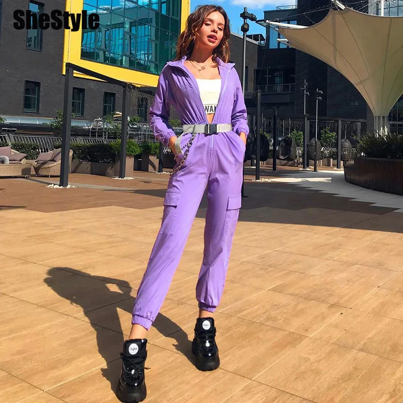 Женский комбинезон карго с поясом Shestyle повседневный крутой пурпурный на молнии