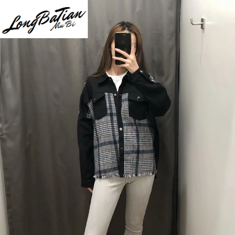 

Vintage Stylish Plaid Frayed Splice Denim Coat Women Autumn Lapel Collar Patchwork Jeans Jacket Plus size Ladies Casual Outwear