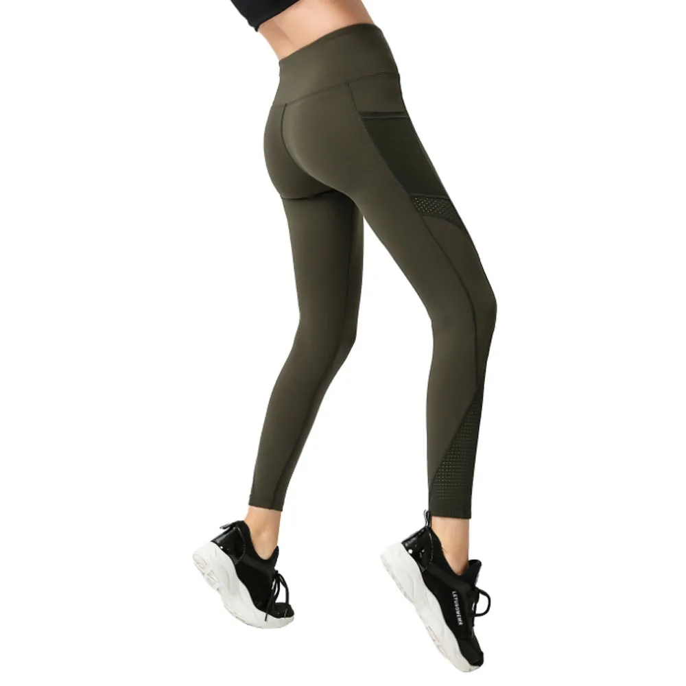 

Women Slim Elastic Quick Dry Leggings High Waist Hollow Out Patchwork Side Pockets Fitness Sports Jogging Yoga Pants