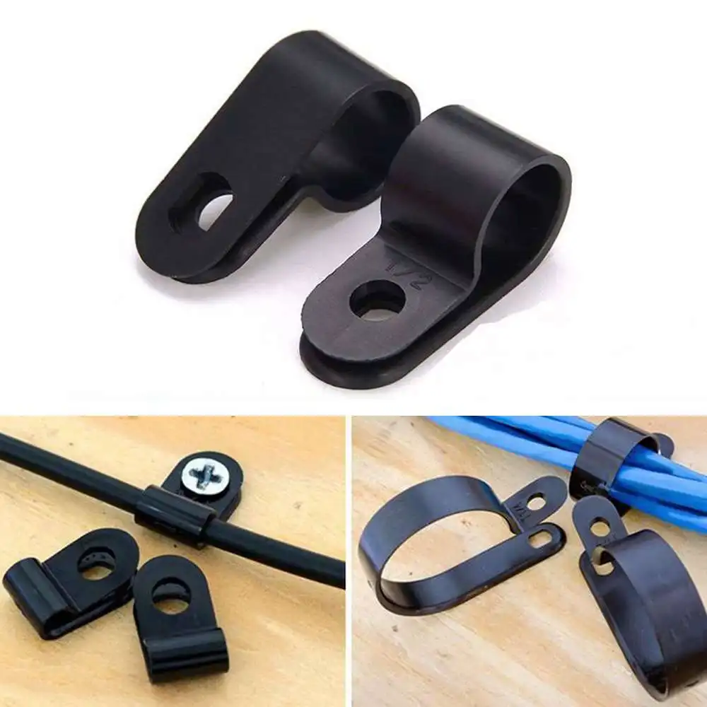 

200pcs Black Plastic R Clip Nylon R Type Cable Management Card Tools Desk Wall Cables Supplies Accessories