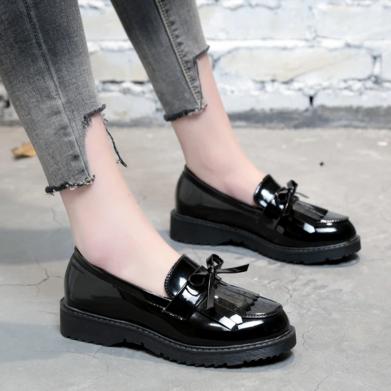 2019 Новая женская обувь Туфли оксфорды для женщин с без каблуков шнуровки черного