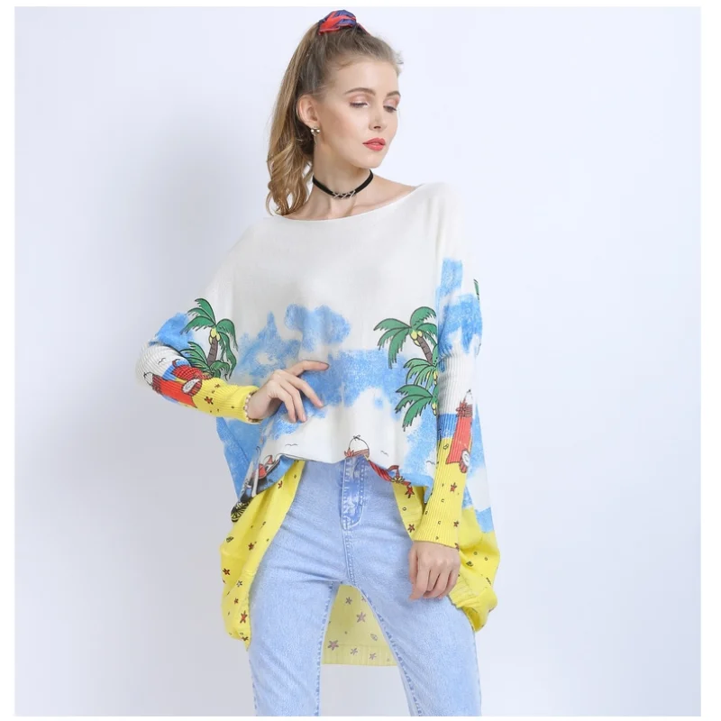 

Fat MM Large Size Woman Sweaters 2021 New Collar Loose Long Sleeve Versatile Seaside Landscape Print Sweater Batwing Sleeve