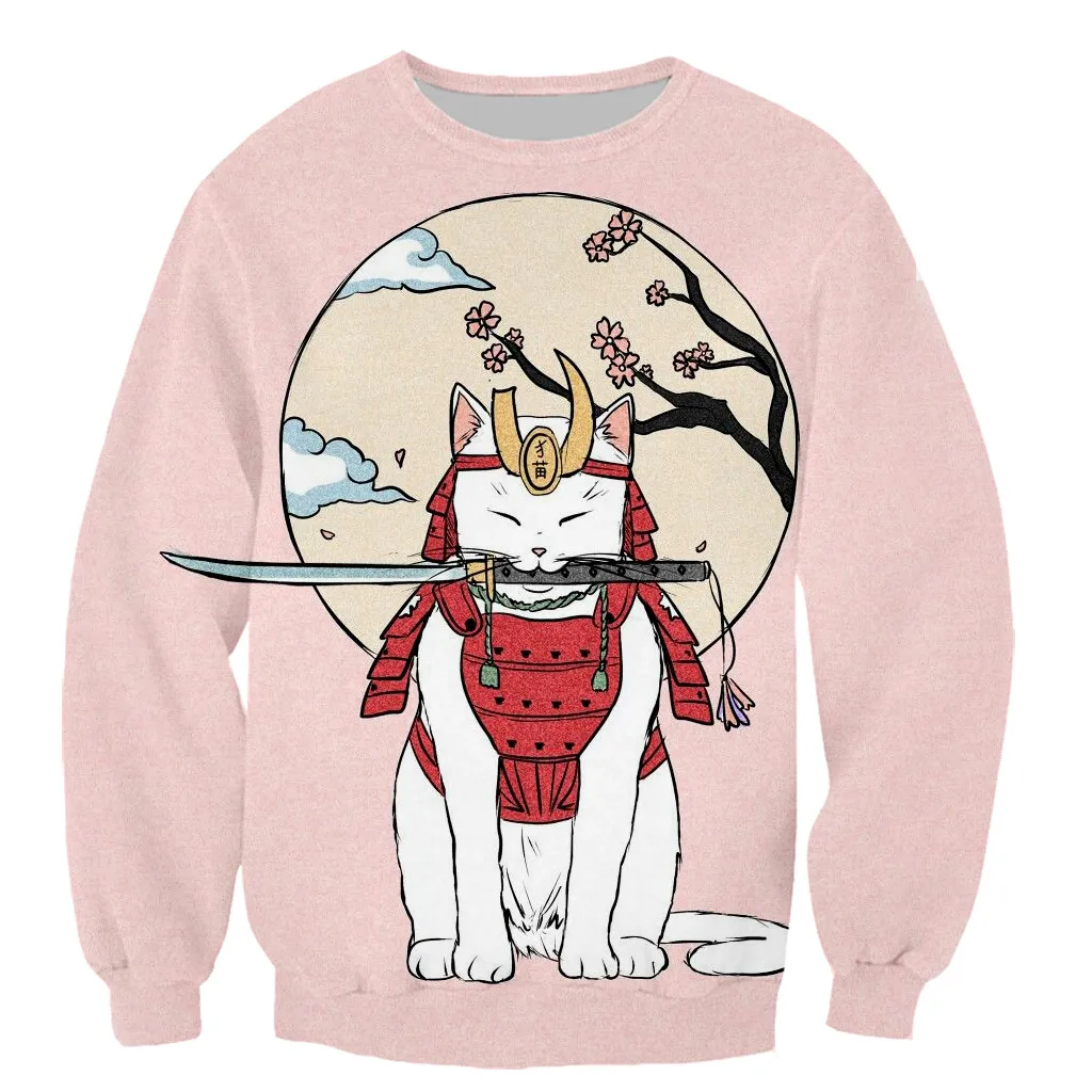 Новая забавная Модная японская Татуировка самурая кошка с длинным рукавом 3D