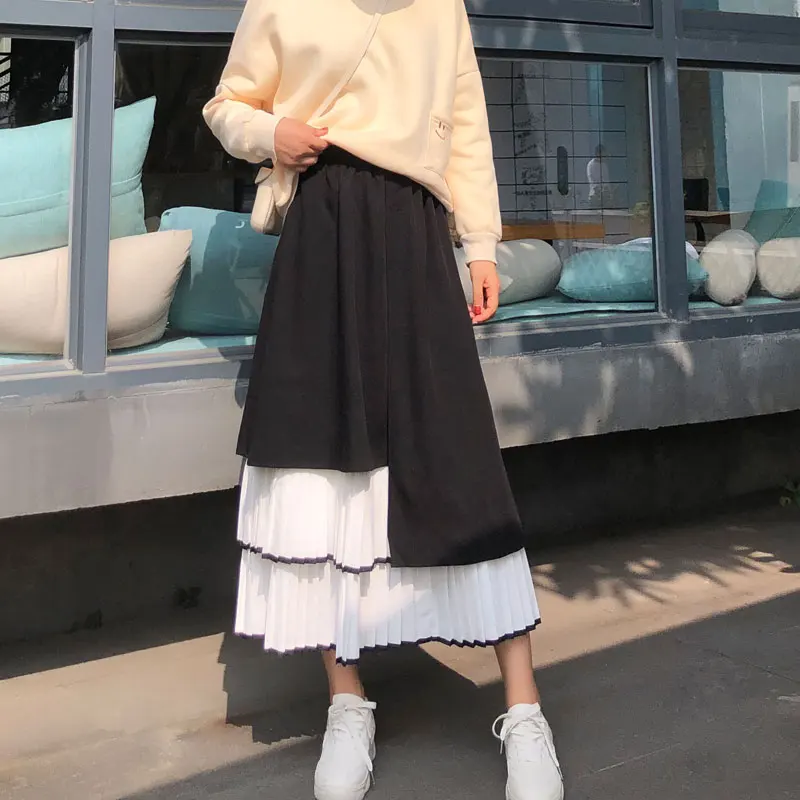 

Autumn Spring High Waist Skirt Women Robes Irregular Color Stitching Midi Pleated Skirts A-line Casual Skirt TA8235