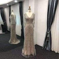 new nude crystals long evening party gowns mermaid v neck tulle beaded backless formal women dresses