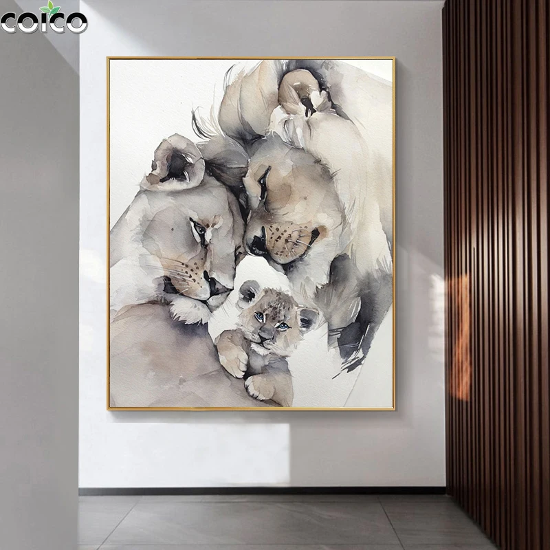 

Happy Lion Family Wall Art Poster Print Canvas Painting Modern Color White Africa Lion Animals Home Decor Tableau Mural Picture