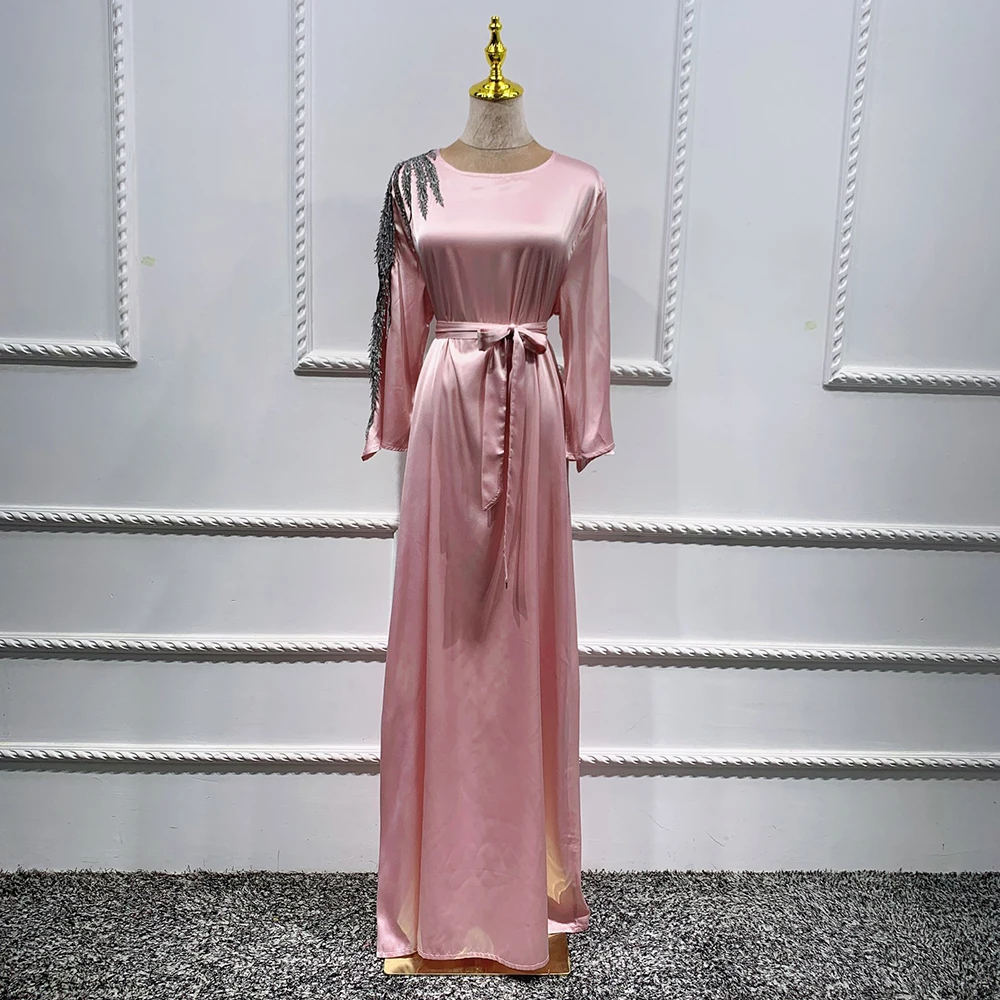 

Ramadan Eid Mubarak Muslim Fashion Satin Dresses for Women Hijab Long Dress Abaya Dubai Turkey Islam Vestidos Robe Longue Femme