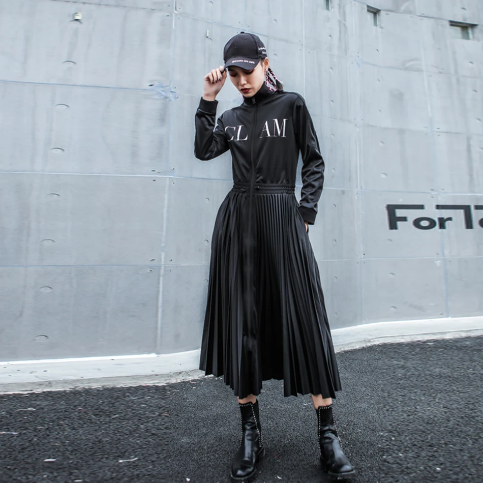 

2021 Women's Black Elegant Pleated Dress Long Sleeve Stand Collar Front Zipper High Waist Casual Dress Celebrity Party Vestidos