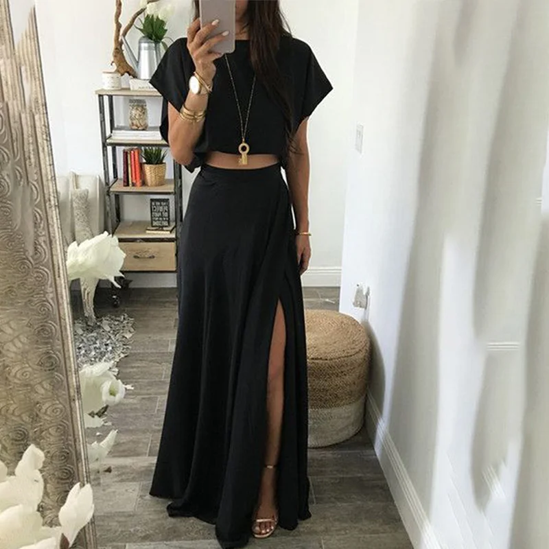 

Fashion Women High Split Skirt Set Summer Sexy Cropped Top And Long Skirt Two-piece Sets Black Chic Pullover Lounge Wear Outfits